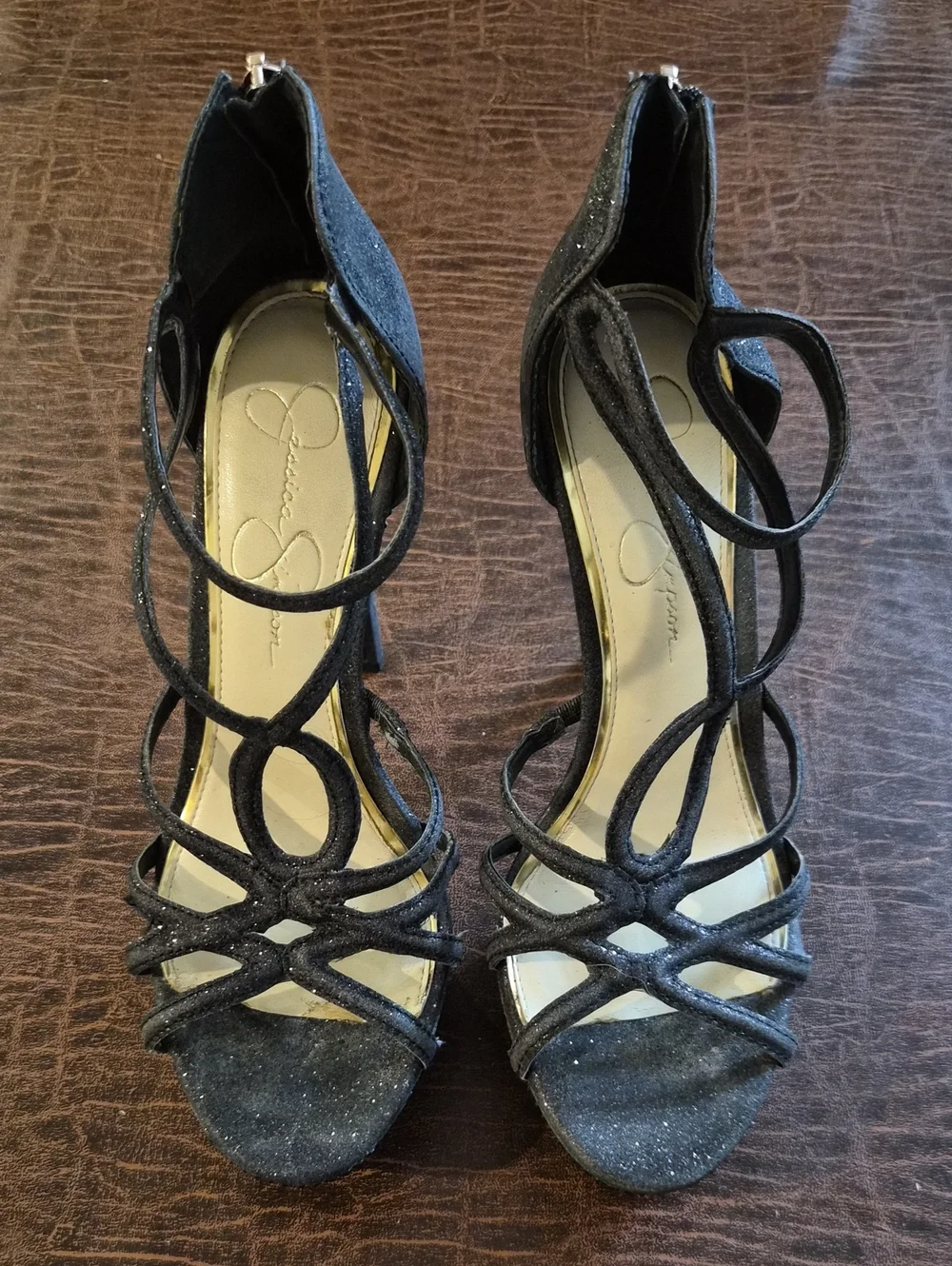 Jessica Simpson Black Strappy Glitter Heels